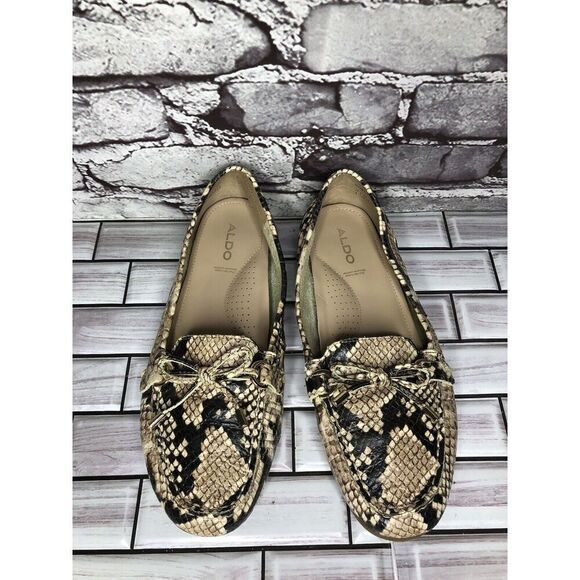 Aldo Cream Snake Skin Print Bow Leather Mocs Driving Shoes Women Sz 8M US/38.5EU - Picture 2 of 16